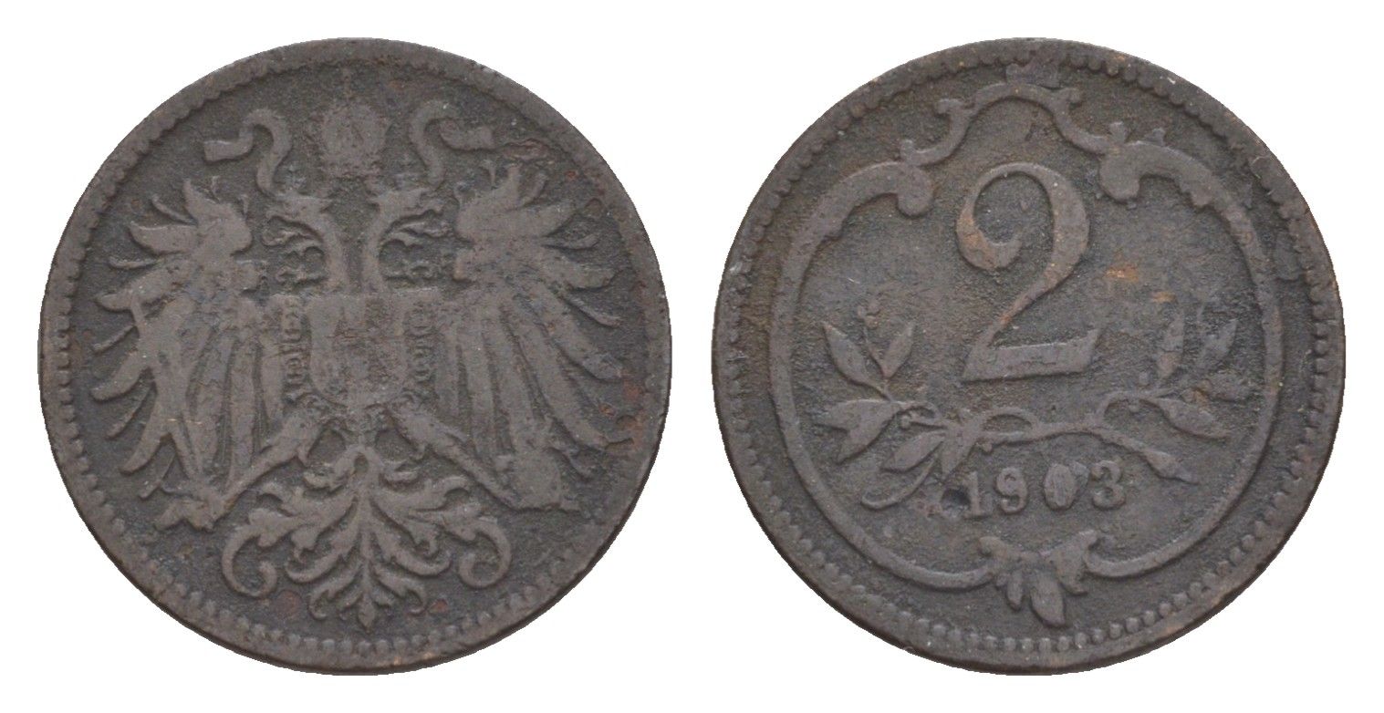 Австрия 2 геллера 1903 Франц Иосиф I (1848-1916) KM 2801 бронза 4639-1018