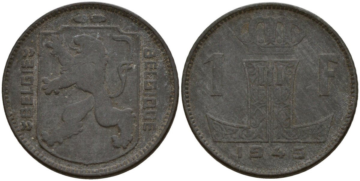 Бельгия 1 франк 1945 Belgie - Belgique, Леопольд III (1934-1947), германская оккупация, Вторая мировая война KM 128 цинк 4161-547