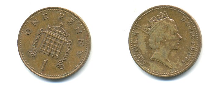 Великобритания 1 пенни 1988 Елизавета II (1952-2022) KM 935, Spink 4381 (B3) бронза 59-1646