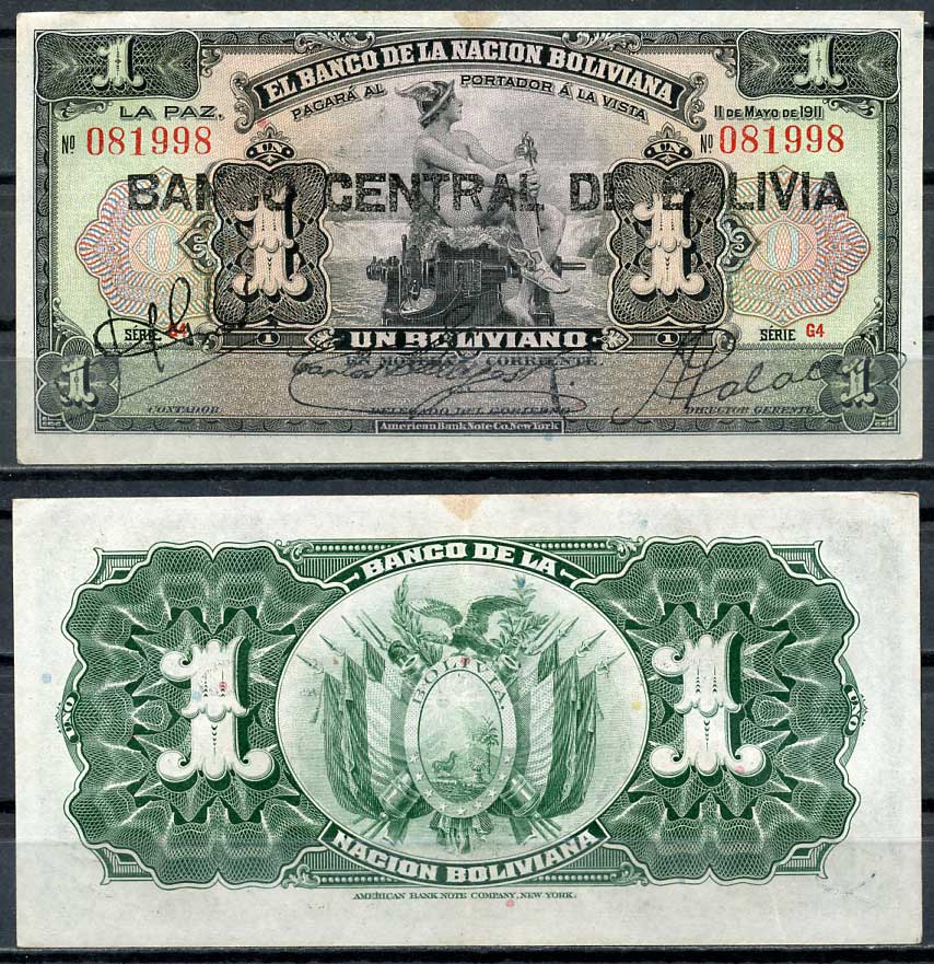 Боливия 1 боливиано 1911 (1929) надпечатка на Pick 103, серия G4, Меркурий Pick 112 (3)  бумага   7217-63-1-2