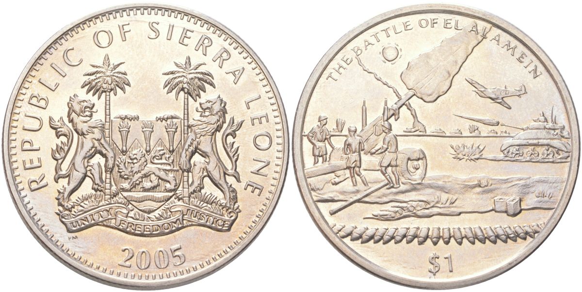 Сьерра-Леоне 1 доллар 2005 60 лет окончанию Второй мировой войны - Битва за Эль-Аламейн KM 317 медно-никель BU 73-512