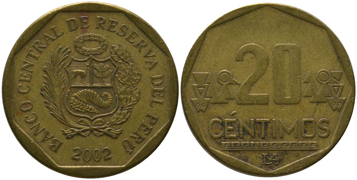 Перу 20 сентимо 2002 LIMA KM 306.4, Schon 105 латунь 4543-1127