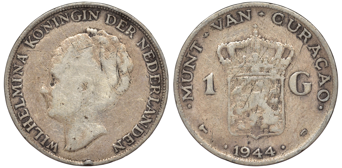 Нидерландское Кюрасао 1 гульден 1944 D, Вильгельмина (1890-1948) KM 45 серебро 36-456