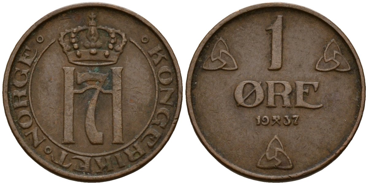 Норвегия 1 эре 1937 Хокон VII (1905-1957) KM 367 бронза 4189-745