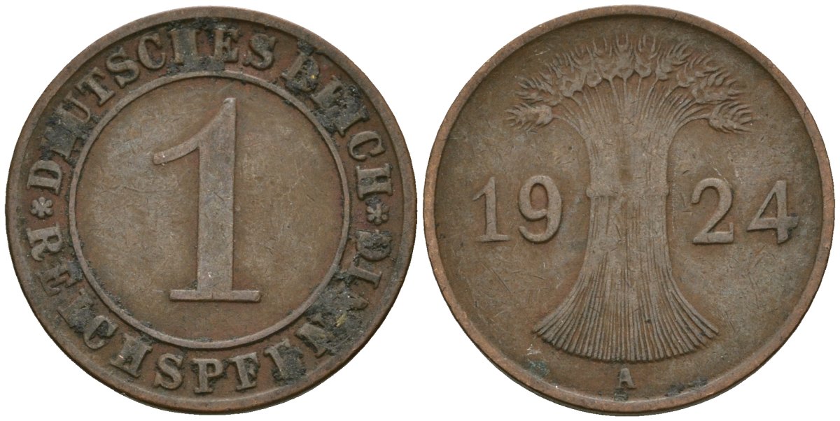 Германия 1 рейхспфенниг 1924 A KM 37, J. 313 бронза 4189-1056