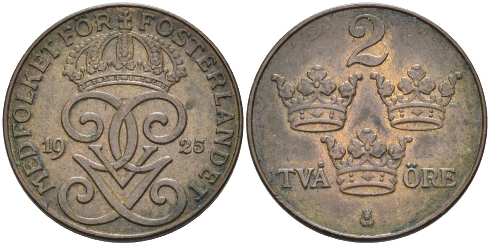 Швеция 2 эре 1925 Густав V (1907-1950) KM 778 бронза 63-1213