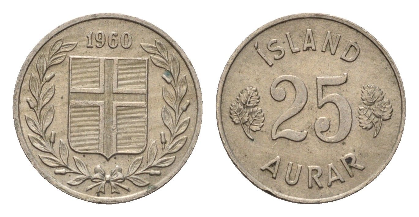 Исландия 25 эйре 1960 KM 11 медно-никель 4690-618