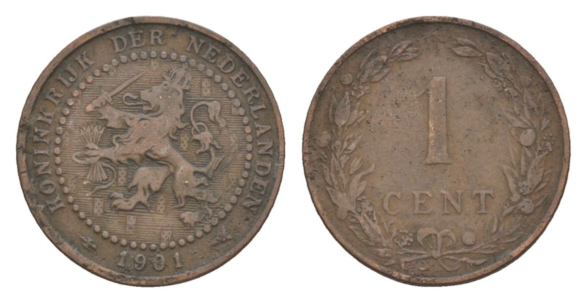 Нидерланды 1 цент 1901 Вильгельмина (1890-1948) KM 130 бронза 72-1023
