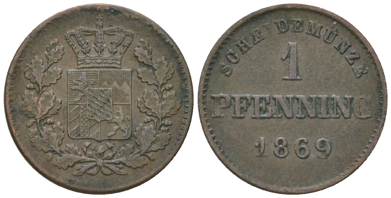 Бавария 1 пфенниг 1869 Людвиг II (1864-1886) AKS 185 медь 4679-951