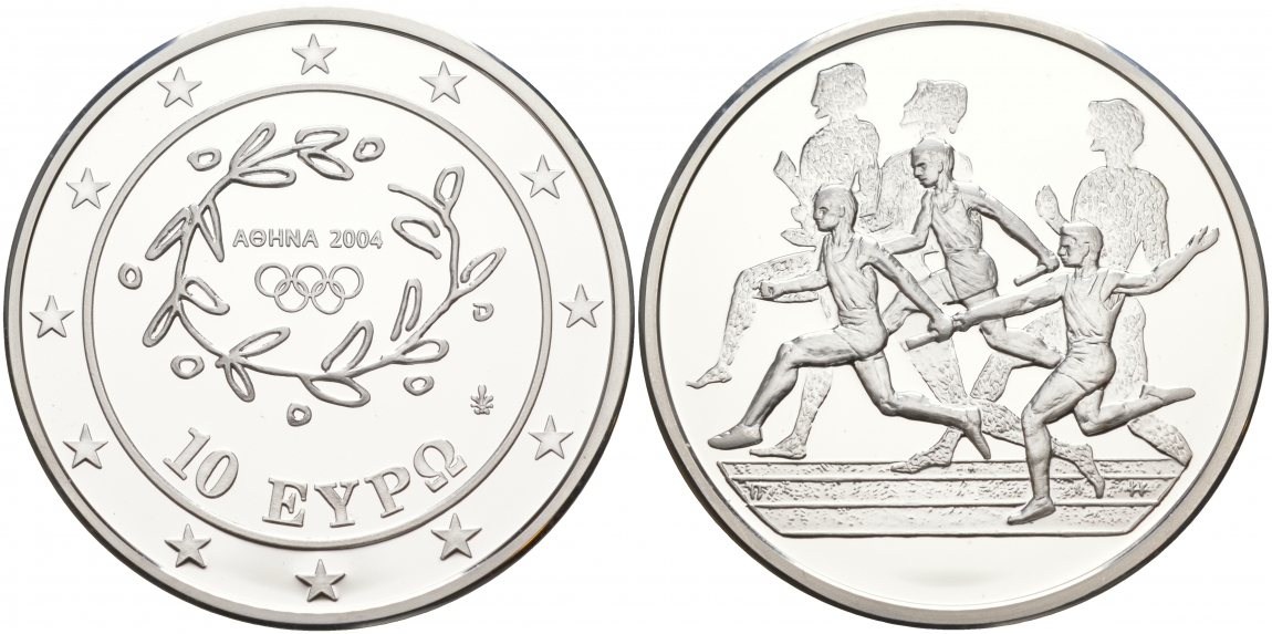 Греция 10 евро 2003 XXVIII летние Олимпийские игры 2004 года в Афинах, легкая атлетика, эстафета KM 196 серебро PROOF 02-035-21