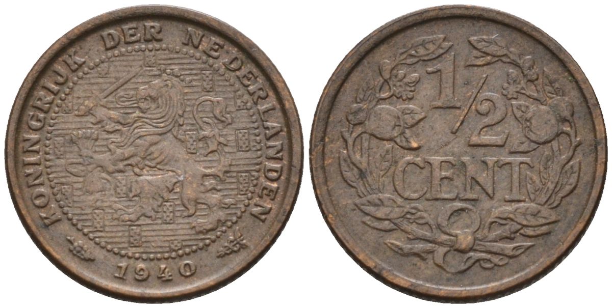 Нидерланды 1/2 цента 1940 Вильгельмина (1890-1948) KM 138 бронза 4588-1127