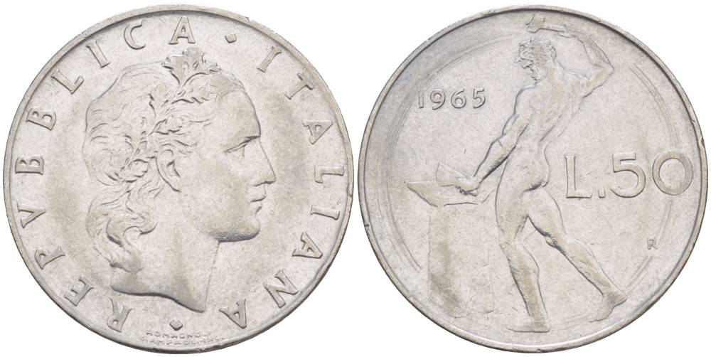 ИТАЛИЯ 50 ЛИР 1965 R, БОГ ОГНЯ ВУЛКАН У НАКОВАЛЬНИ KM 95.1 нержавеющая сталь 4551-345