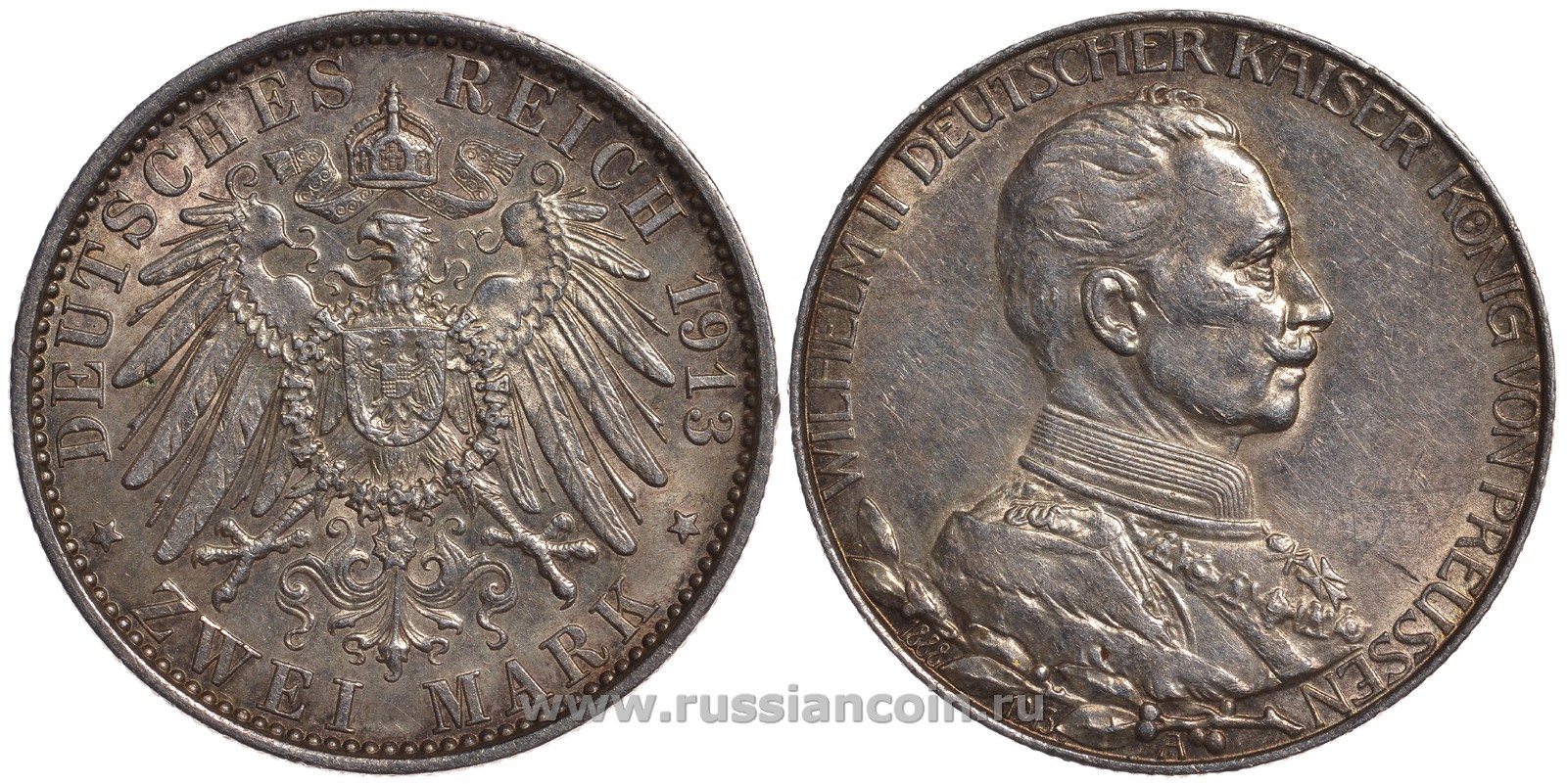 Пруссия 2 марки 1913 A, Вильгельм II (1888-1918), 25 лет правления (мундир) Weege 111, J. 111, KM 533 серебро 11-230-22