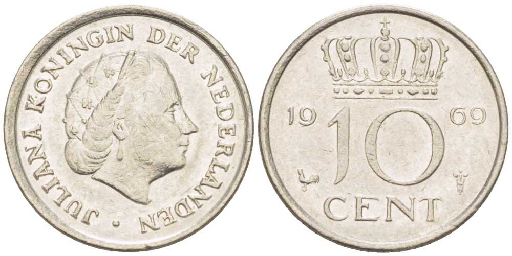 Нидерланды 10 центов 1969 Юлиана (1948-1980) KM 182 никель 214-1237