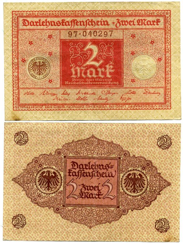 ГЕРМАНИЯ 2 МАРКИ 1920 1 МАРТА 1920, ВЕЙМАРСКАЯ РЕСПУБЛИКА, КРАСНАЯ, СЕРИЯ 97 Pick 59, Rosenberg 65b бумага 7523-13-3