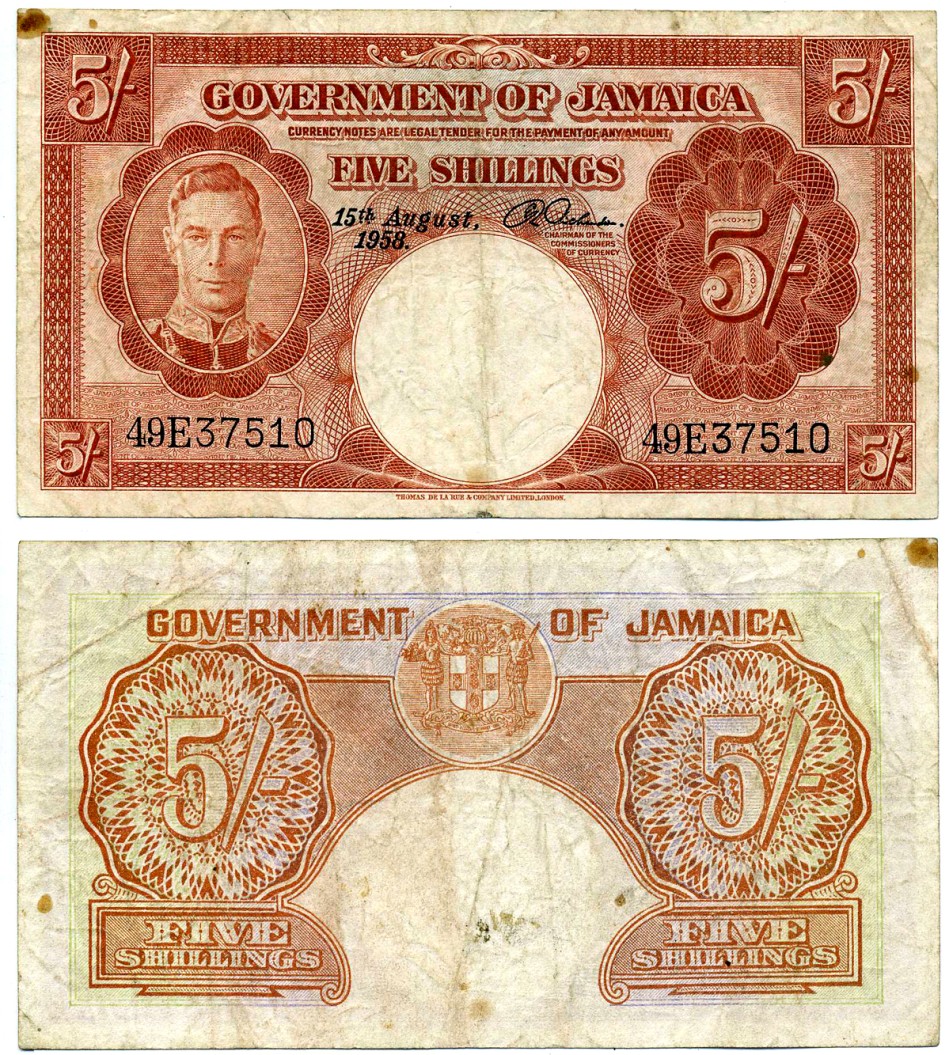 Ямайка 5 шиллингов 1958 15 августа 1958, Георг VI Pick 37b бумага 000-000-00