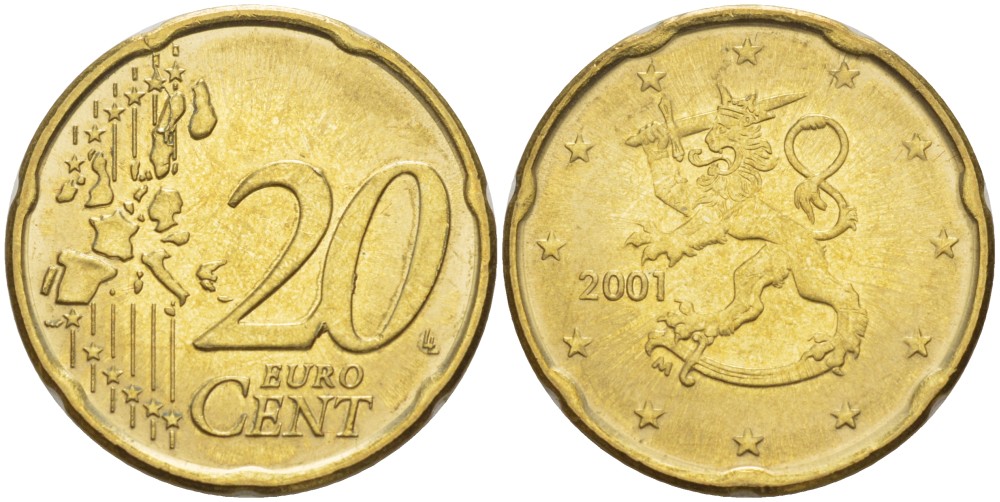 ФИНЛЯНДИЯ 20 ЕВРОЦЕНТОВ 2001 М KM 102 латунь 4543-116