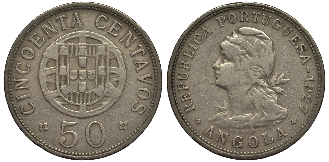 Португальская Ангола 50 сентаво 1927 KM 59 никель бронза 1521-241