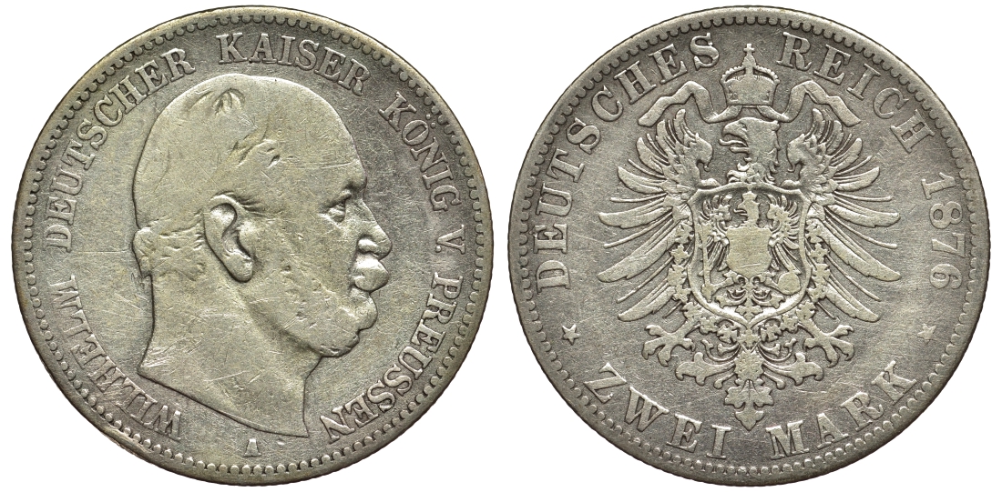 Пруссия 2 марки 1876 A, Вильгельм I (1861-1888) Weege 96, J. 96, KM 506 серебро 02-014-13