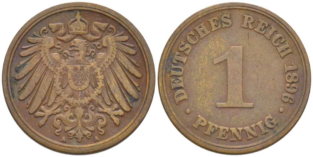 ГЕРМАНИЯ 1 ПФЕННИГ 1896 A KM 10, J. 10, Weege 2 медь 211-213