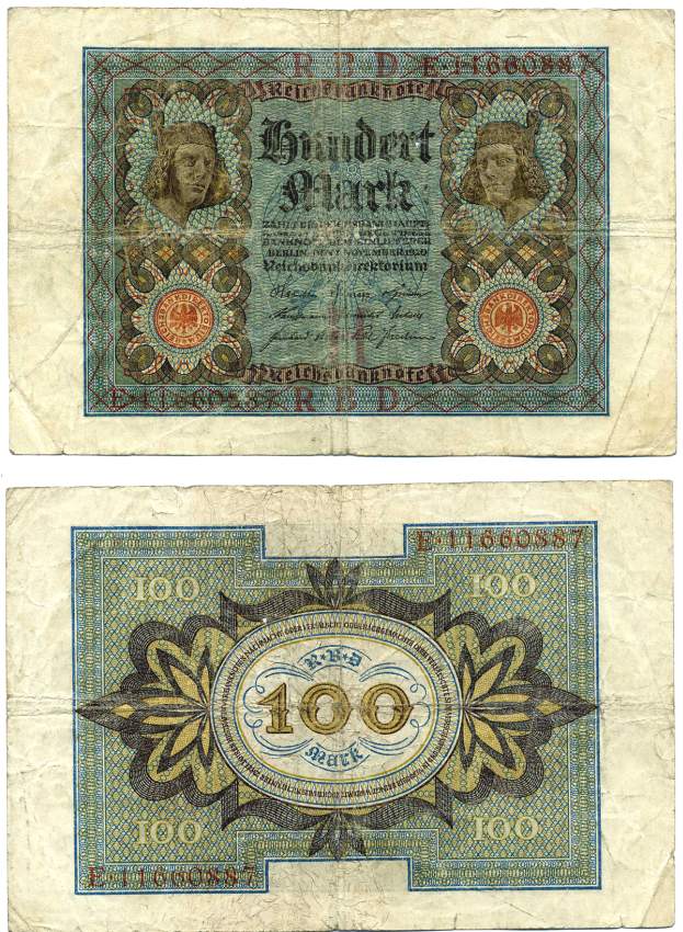 Германия 100 марок 1920 Бамбергский всадник, 8 цифр в номере, серия Е, буква Н Pick 69 b, Розенберг 69b бумага  8612-63-2-1