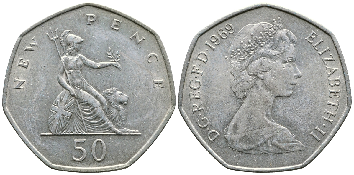 Великобритания 50 пенсов 1969 Елизавета II (1952-2022) KM 913, Spink 4223 (H1) медно-никель 4364-4214