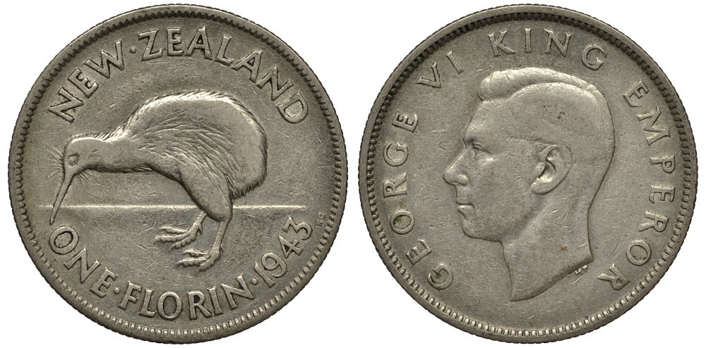 Новая Зеландия 1 флорин 1943 Георг VI (1936-1952), птичка киви KM 10.1 серебро 272-1613