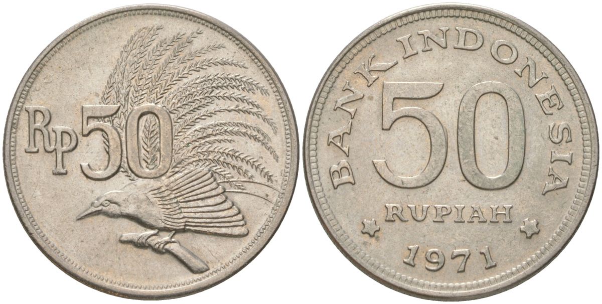 Индонезия 50 рупий 1971 райская птица KM 35 медно-никель UNC 4143-1231