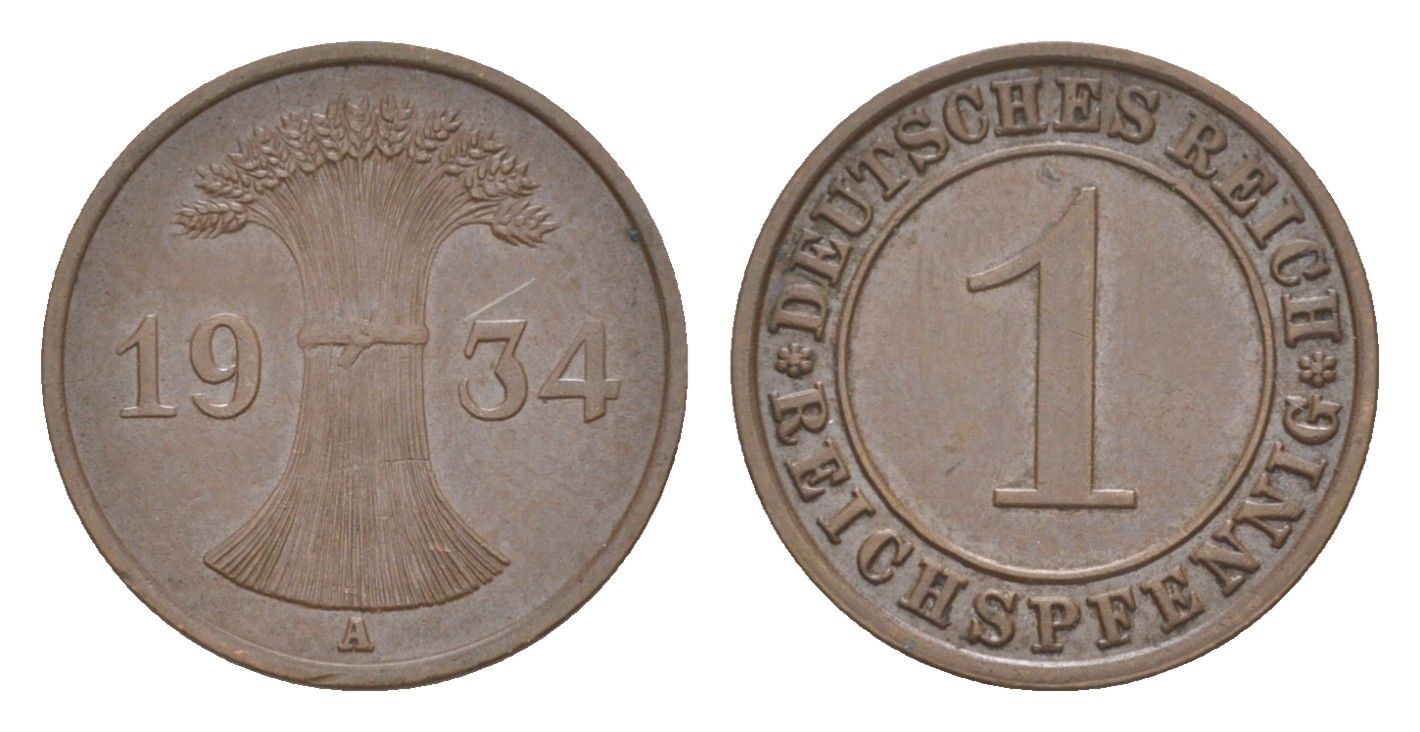 Германия 1 рейхспфенниг 1934 A KM 37, J. 313 бронза 4636-338