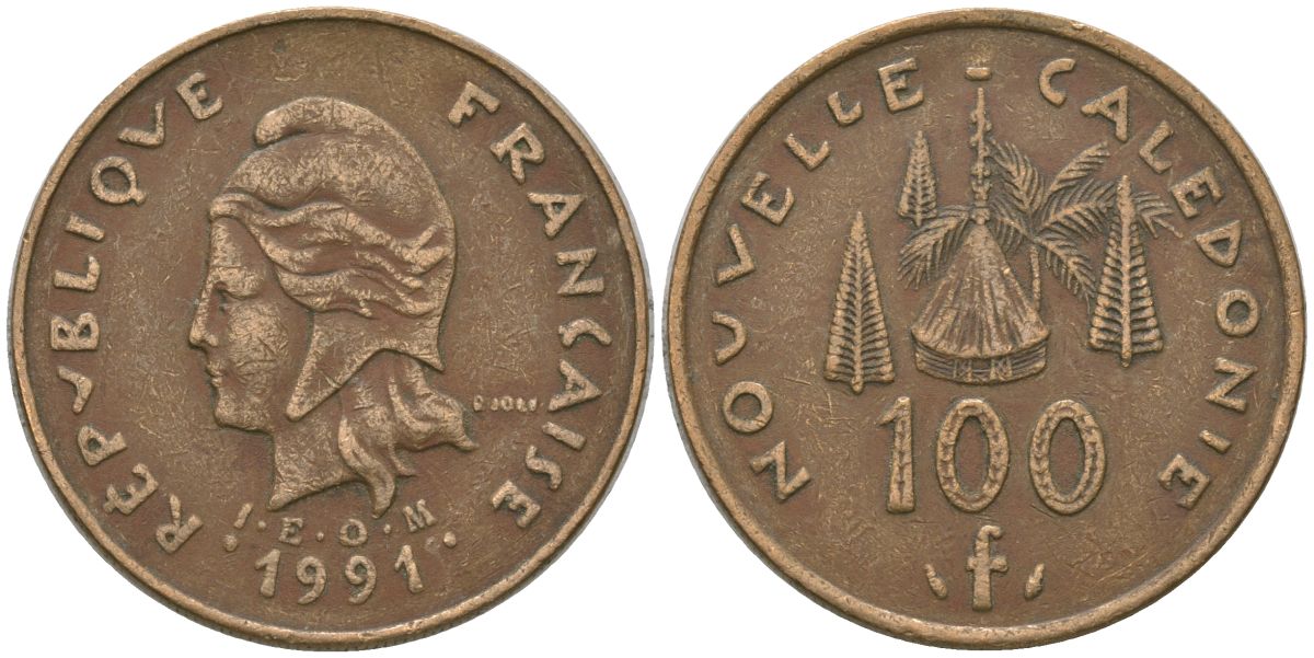Французская Новая Каледония 100 франков 1991 хижина среди сосен и пальм, (IEOM) KM 15, Schoen 16, Lec 136 никель латунь 4137-1132