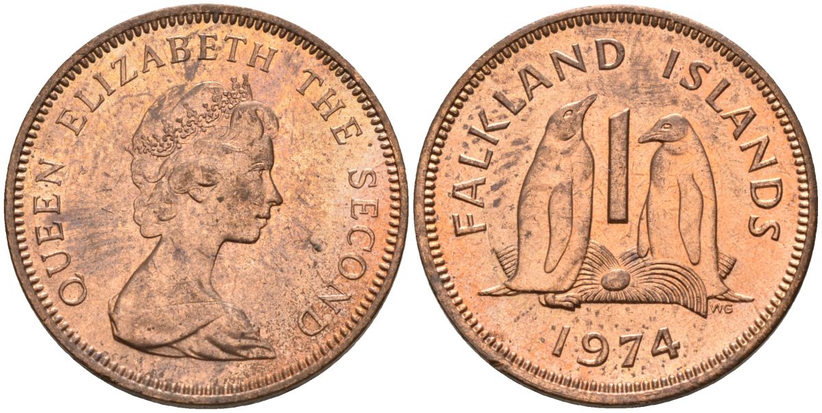 Фолклендские острова 1 пенни 1974 Елизавета II (1952-2022), папуанский пингвин KM 2 бронза 4152-1264