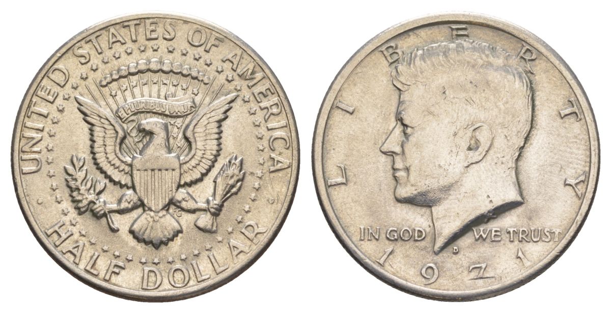 США 1/2 доллара (50 центов) 1971 D, Джон Кеннеди KM 202b медь плакированная медно-никелем aUNC 115-1142