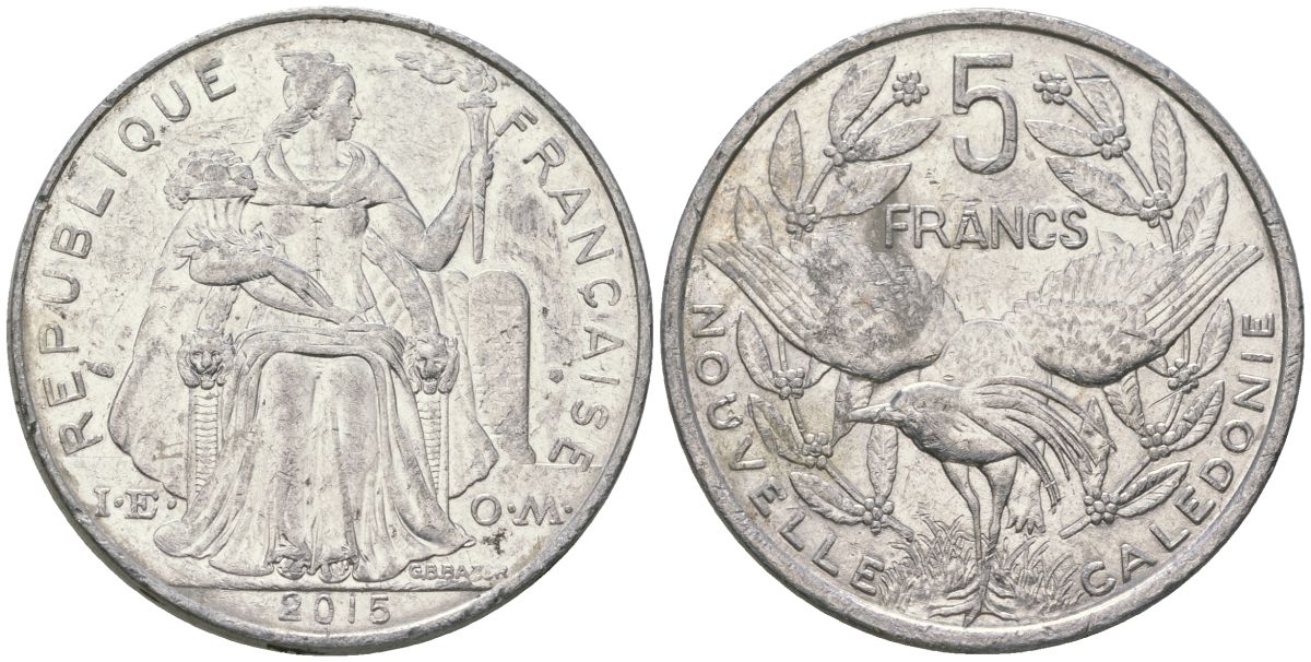 Французская Новая Каледония 5 франков 2015 птица кагу, (IEOM) KM 16, Schoen 12, Lec 81k алюминий 4117-1115