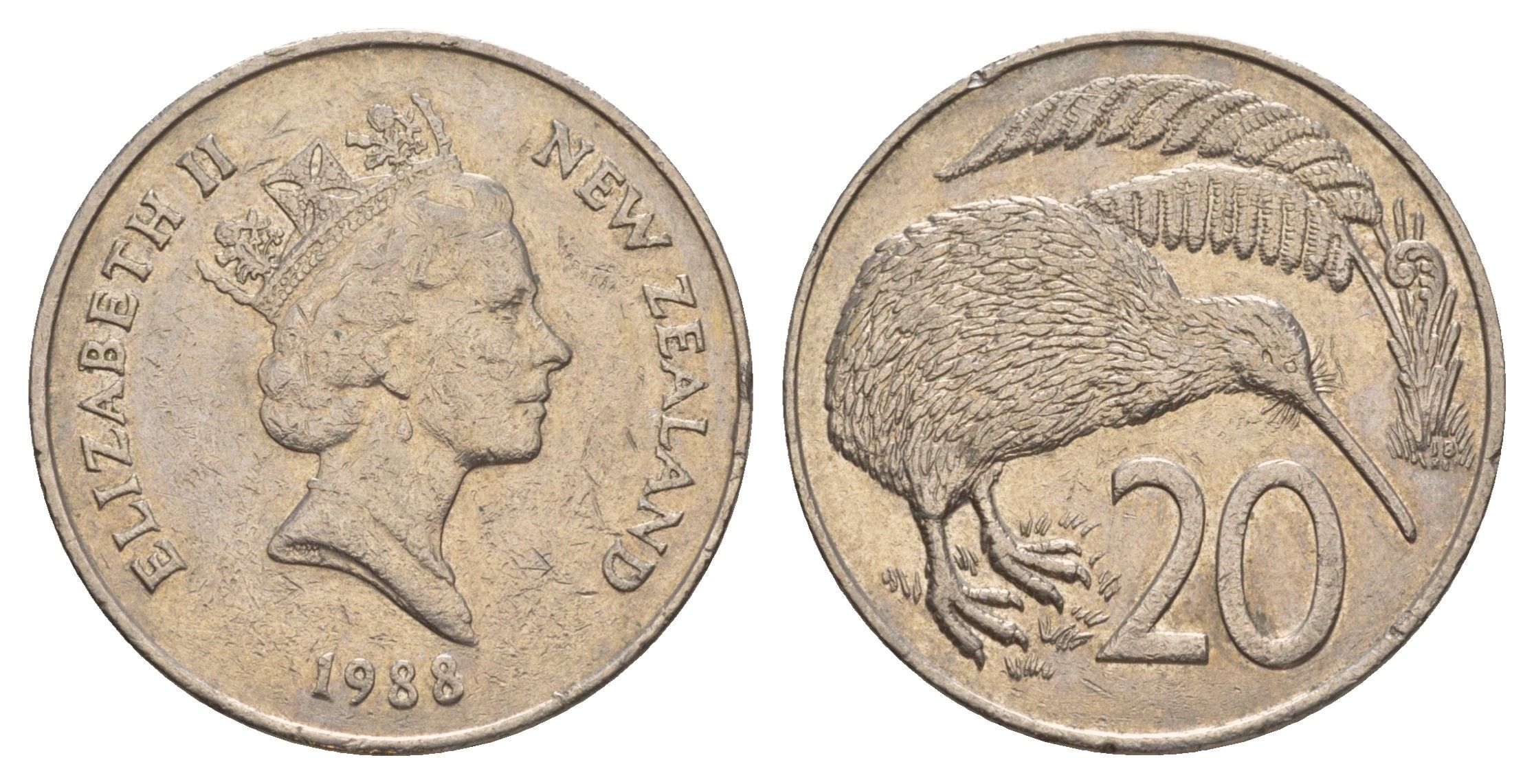 Новая Зеландия 20 центов 1988 Елизавета II (1952-2022), птичка киви KM 62 медно-никель 4187-843