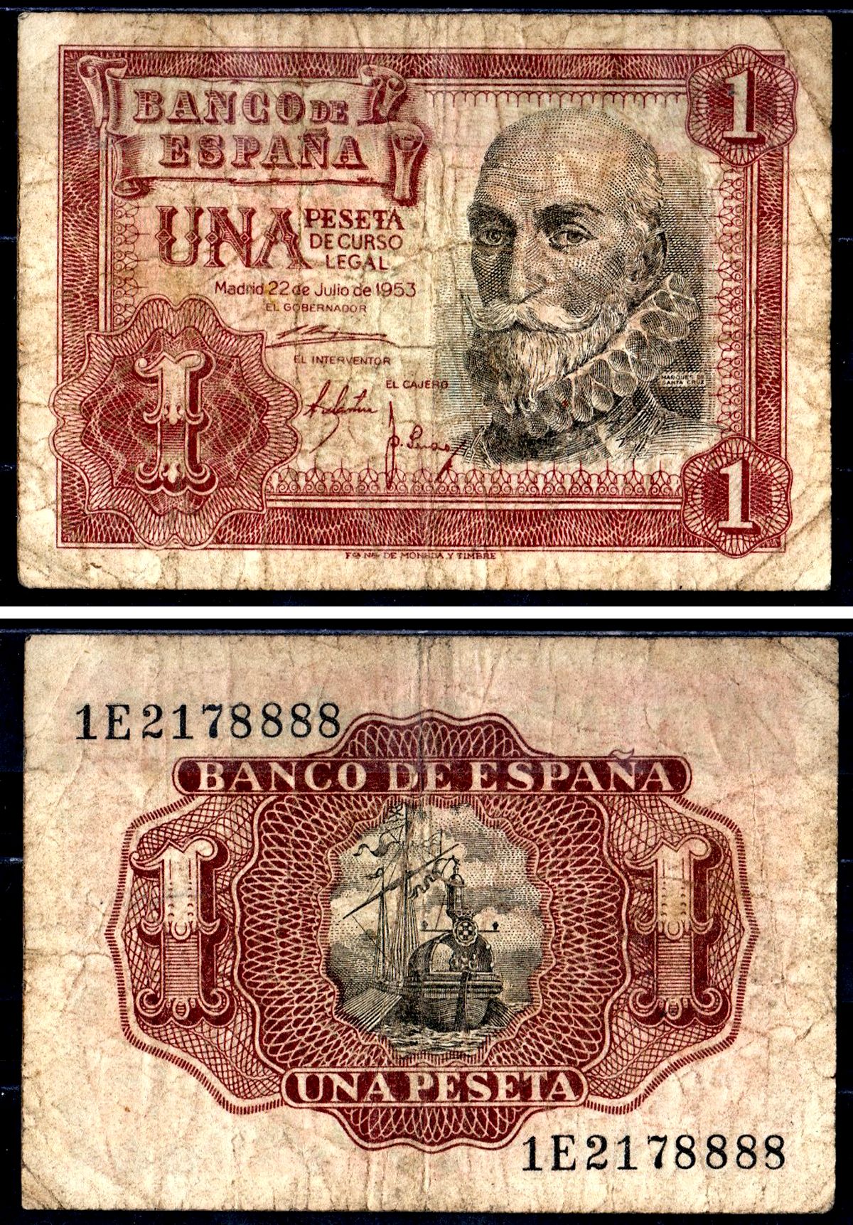 Испания 1 песета 1953 Pick 144 a бумага 7551-7-2-2