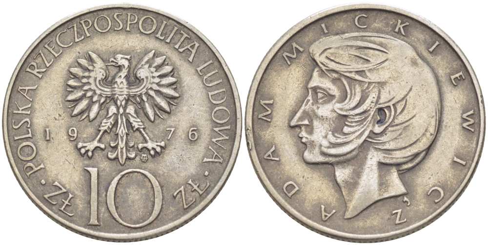 ПОЛЬША 10 ЗЛОТЫХ 1976 MW, АДАМ МИЦКЕВИЧ KM 74, Parchimowicz 241b медно-никель 4514-537