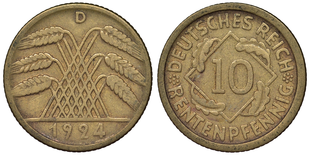 Германия 10 рентенпфеннигов 1924 D KM 33, J. 309 алюминиевая бронза 4121-847