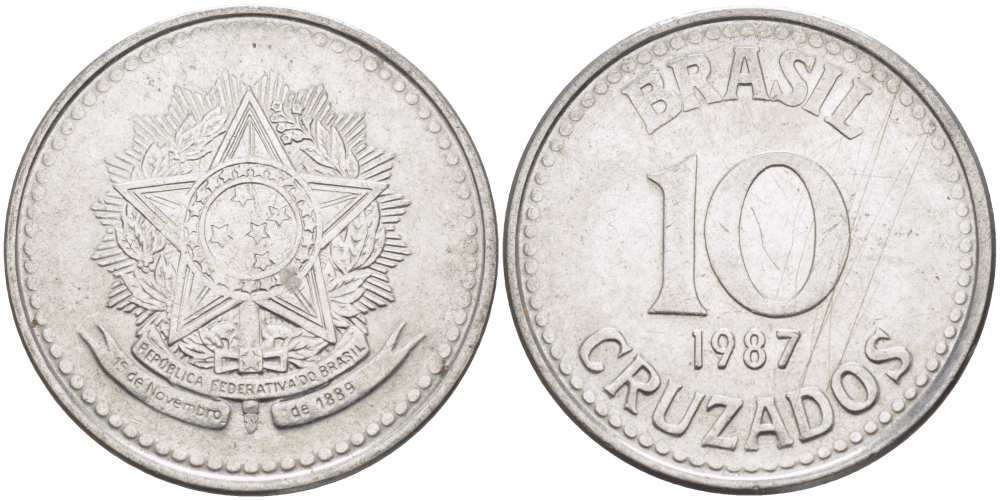 Бразилия 10 крузадо 1987 реформа 1986-1989 KM 607 нержавеющая сталь 175-223