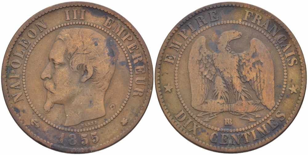Франция 10 сантимов 1855 BB, Наполеон III (1852-1870) KM 771.3, Le Franc 133.23 бронза    4680-532