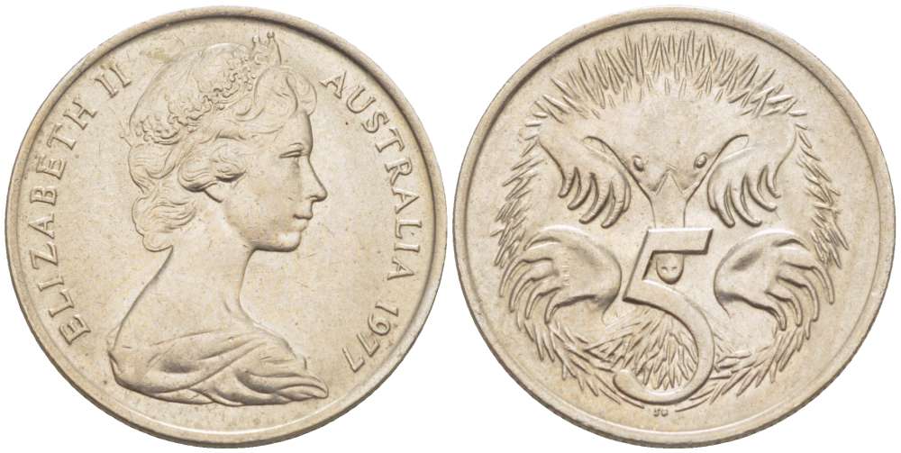 АВСТРАЛИЯ 5 ЦЕНТОВ 1977 ЕЛИЗАВЕТА II (1952-) МОЛОДОЙ ПОРТРЕТ, ЕХИДНА KM 64 медно-никель 4516-658