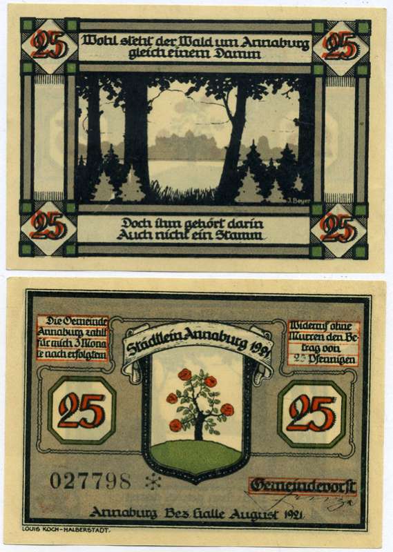 Германия, Аннабург 25 пфеннигов 1921 август 1921, нотгельд, земля Саксония-Ангальт Grabowski 470.1  бумага  UNC (пресс) 7221-12-1-1