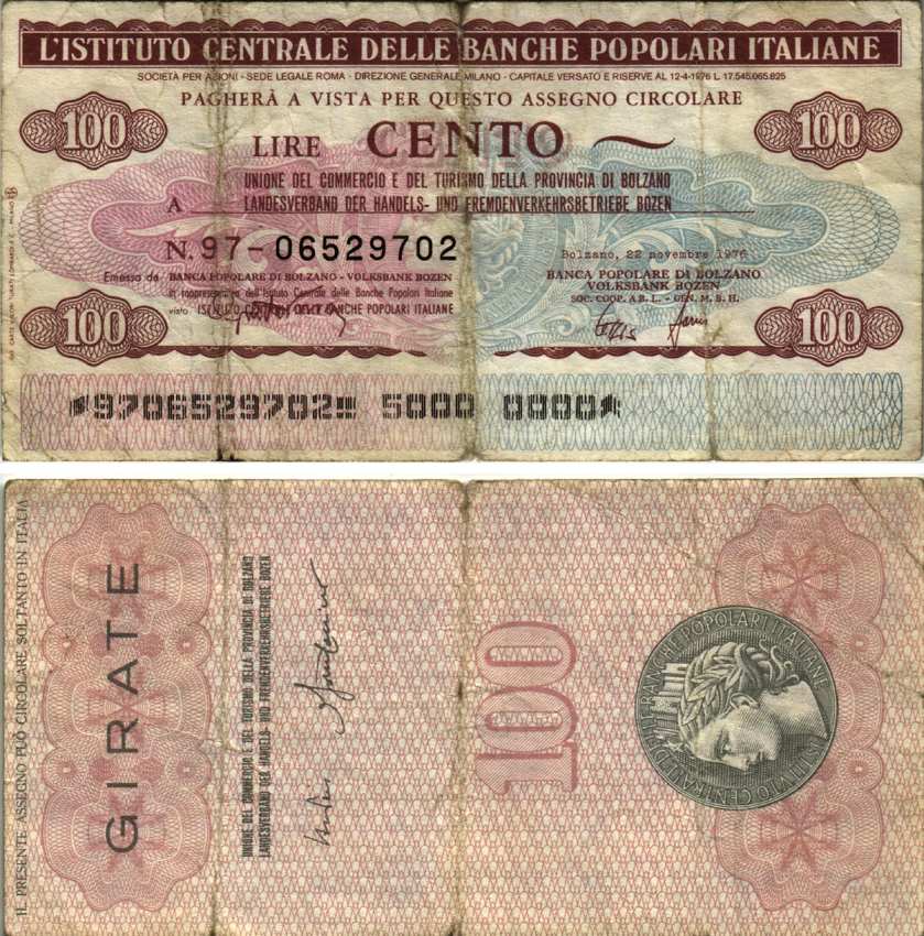 Италия 100 лир 1976 23 ноября 1976, L'Istituto centrale Delle Banche popLari Italiane бумага 3295-29-3-2