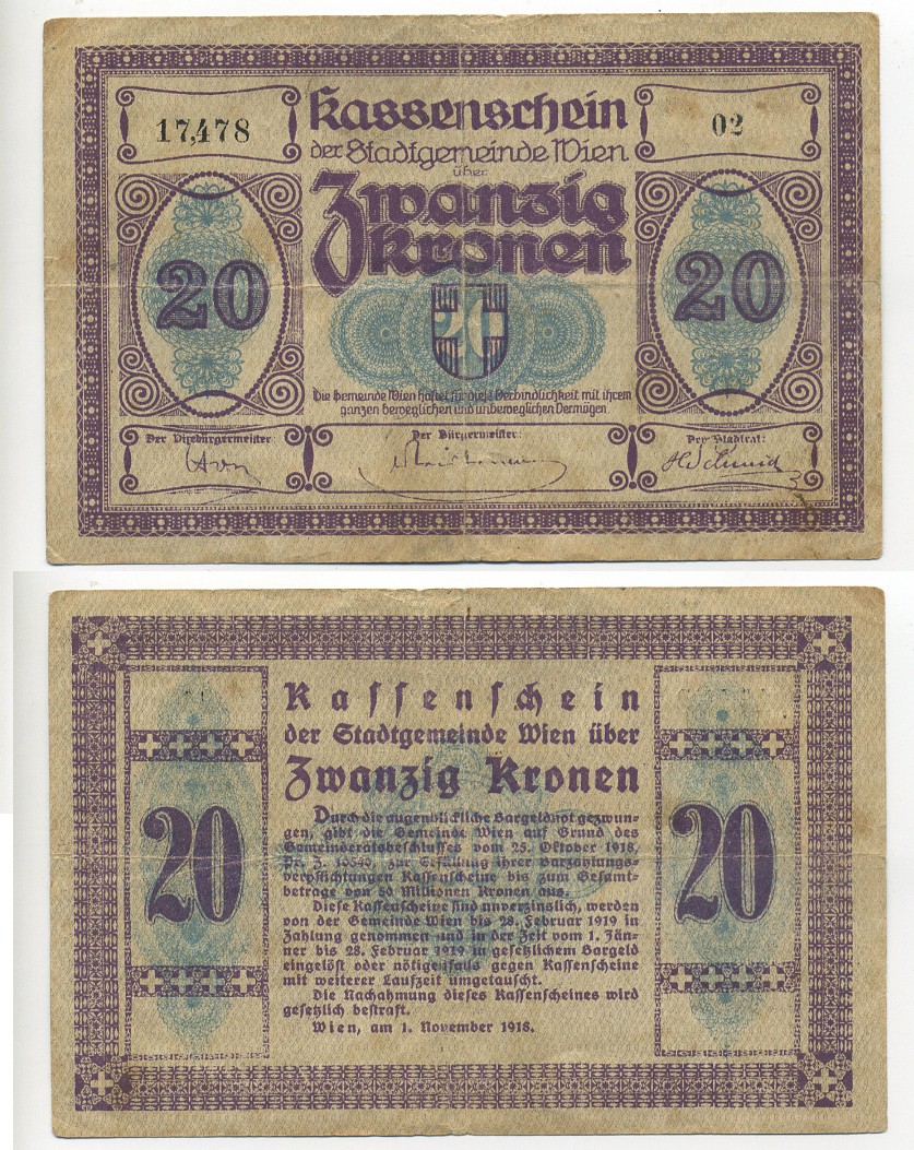 Австрия, Вена 20 крон 1918 1 октября 1918, нотгельд Ri.29b бумага 7217-54-2