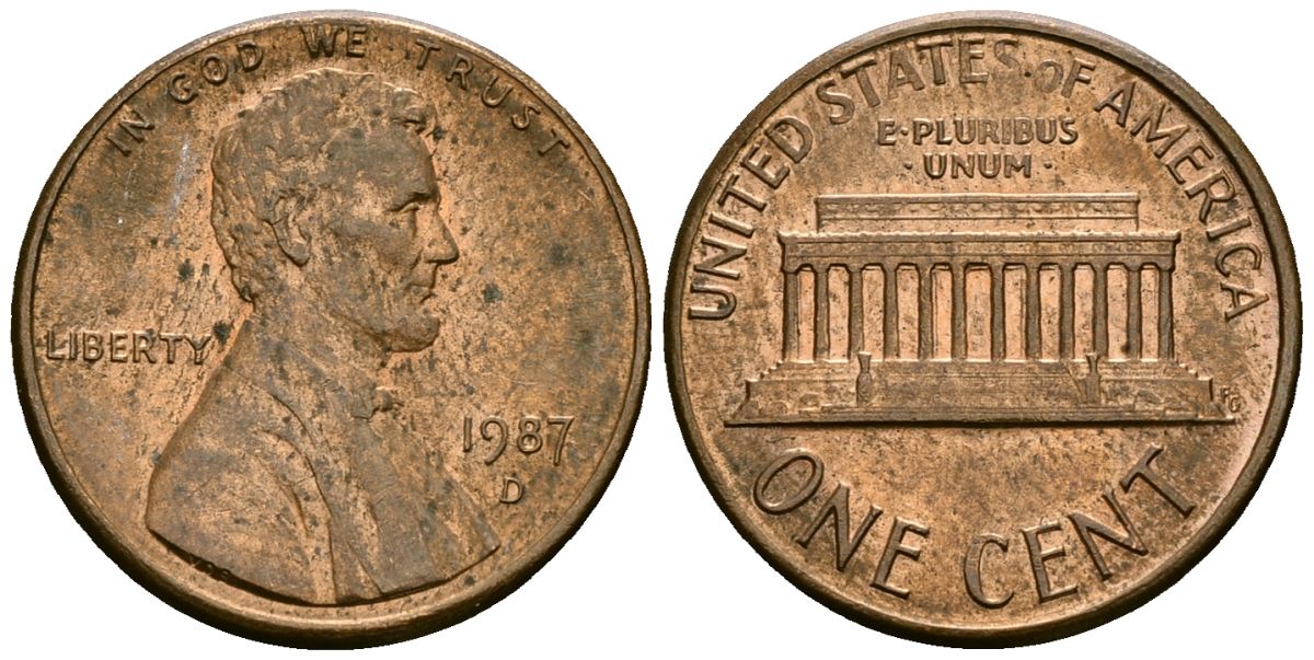 США 1 цент 1987 D, Линкольн KM 201b цинк плакированный медью 4136-326