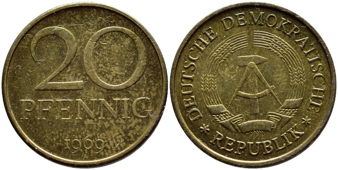 ГДР 20 пфеннигов 1969 А, первый год KM 11 латунь UNC 4397-227