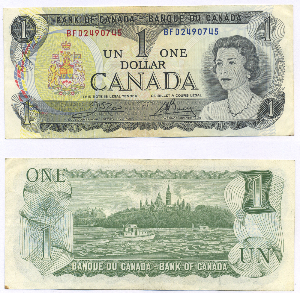 Канада 1 доллар 1973 Елизавета II (1952- ), здание парламента на реке Оттава, Crow-Bouey Pick 85 c бумага 7457-54-2-1