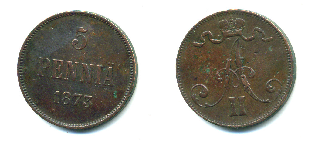 РОССИЯ ДЛЯ ФИНЛЯНДИИ 5 ПЕННИ 1873 АЛЕКСАНДР II KM 4.2, Биткин 662 медь 4381-414