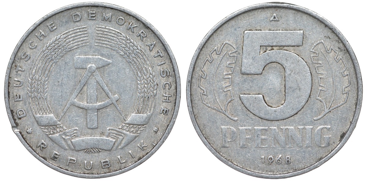ГДР 5 ПФЕННИГОВ 1968 A KM 9.1 алюминий 62-113