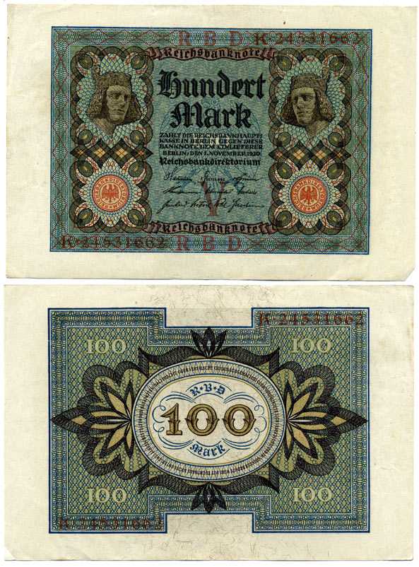 Германия 100 марок 1920 Бамбергский всадник, 8 цифр в номере Pick 69 b, Розенберг 69b бумага 7198-28-3-1