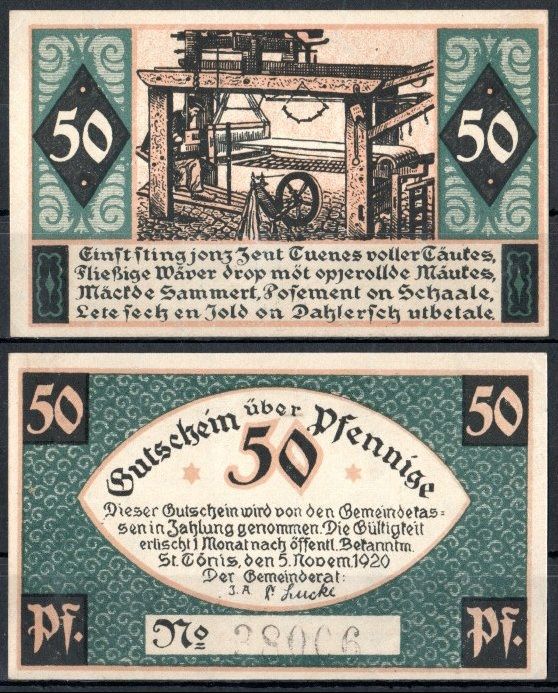 Санкт-Тёнис (Пруссия, Рейн) 50 пфеннигов 1920 Mehl Grabowski 1167.1a-4/5 бумага UNC (пресс) 7553-21-1-2
